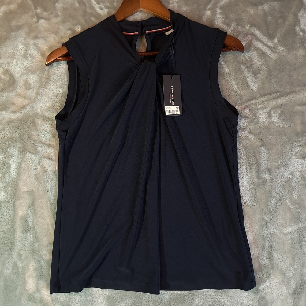 NWT Tommy Hilfiger Knot Neck Blouse S Midnight Navy Blue Sleeveless Shell Tank